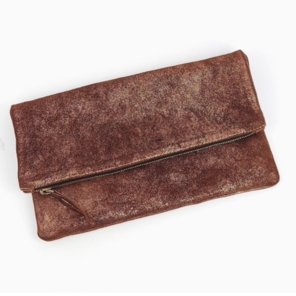 Clare Vivier Bronze Metallic Leather Fold-Over Zipper Clutch